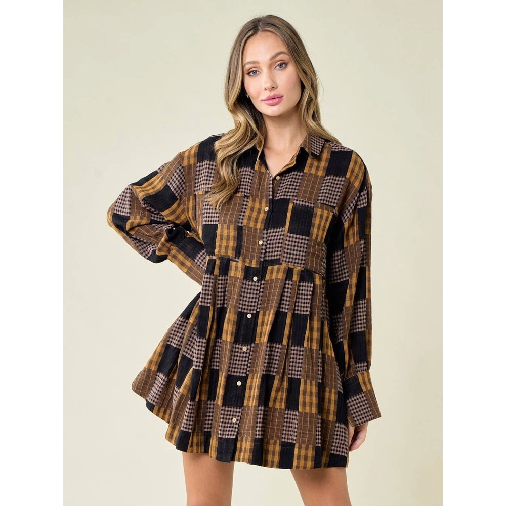 NWT Saints & Hearts Plaid Babydoll Mini Dress Black Yellow Women‎ L*